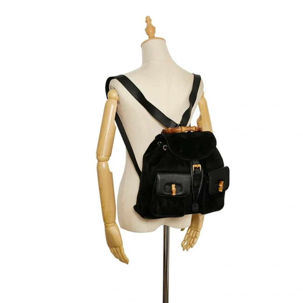 Authentic Gucci Vintage Suede & Leather Bamboo Backpack Black